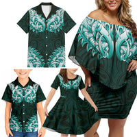 New Zealand Ta Moko Family Matching Off Shoulder Short Dress and Hawaiian Shirt Aotearoa Maori Chest Tattoo Turquoise LT14 - Polynesian Pride