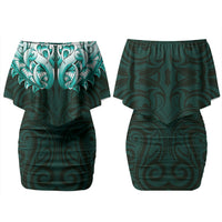 New Zealand Ta Moko Family Matching Off Shoulder Short Dress and Hawaiian Shirt Aotearoa Maori Chest Tattoo Turquoise LT14 Mom's Dress Turquoise - Polynesian Pride