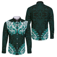 New Zealand Ta Moko Family Matching Off Shoulder Short Dress and Hawaiian Shirt Aotearoa Maori Chest Tattoo Turquoise LT14 Dad's Shirt - Long Sleeve Turquoise - Polynesian Pride