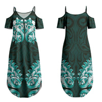New Zealand Ta Moko Family Matching Summer Maxi Dress and Hawaiian Shirt Aotearoa Maori Chest Tattoo Turquoise LT14 Mom's Dress Turquoise - Polynesian Pride