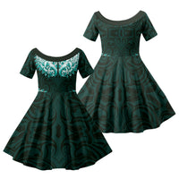 New Zealand Ta Moko Family Matching Summer Maxi Dress and Hawaiian Shirt Aotearoa Maori Chest Tattoo Turquoise LT14 Daughter's Dress Turquoise - Polynesian Pride