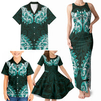 New Zealand Ta Moko Family Matching Tank Maxi Dress and Hawaiian Shirt Aotearoa Maori Chest Tattoo Turquoise
