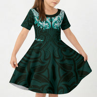New Zealand Ta Moko Kid Short Sleeve Dress Aotearoa Maori Chest Tattoo Turquoise LT14 KID Turquoise - Polynesian Pride