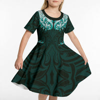 New Zealand Ta Moko Kid Short Sleeve Dress Aotearoa Maori Chest Tattoo Turquoise LT14 - Polynesian Pride