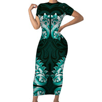 New Zealand Ta Moko Short Sleeve Bodycon Dress Aotearoa Maori Chest Tattoo Turquoise