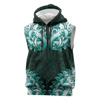 New Zealand Ta Moko Sleeveless Zip Hoodie Aotearoa Maori Chest Tattoo Turquoise