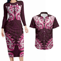 New Zealand Ta Moko Couples Matching Long Sleeve Bodycon Dress and Hawaiian Shirt Aotearoa Maori Chest Tattoo Pink