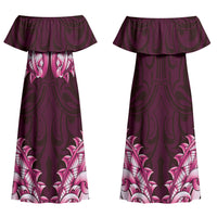 New Zealand Ta Moko Couples Matching Off Shoulder Maxi Dress and Hawaiian Shirt Aotearoa Maori Chest Tattoo Pink