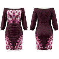 New Zealand Ta Moko Couples Matching Off The Shoulder Long Sleeve Dress and Hawaiian Shirt Aotearoa Maori Chest Tattoo Pink