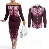 New Zealand Ta Moko Couples Matching Off The Shoulder Long Sleeve Dress and Long Sleeve Button Shirt Aotearoa Maori Chest Tattoo Pink