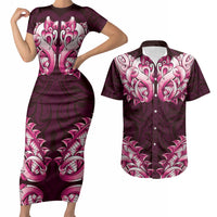 New Zealand Ta Moko Couples Matching Short Sleeve Bodycon Dress and Hawaiian Shirt Aotearoa Maori Chest Tattoo Pink
