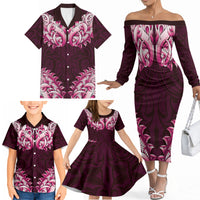 New Zealand Ta Moko Family Matching Off The Shoulder Long Sleeve Dress and Hawaiian Shirt Aotearoa Maori Chest Tattoo Pink LT14 - Polynesian Pride