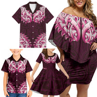 New Zealand Ta Moko Family Matching Off Shoulder Short Dress and Hawaiian Shirt Aotearoa Maori Chest Tattoo Pink LT14 - Polynesian Pride