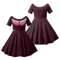 New Zealand Ta Moko Family Matching Off Shoulder Short Dress and Hawaiian Shirt Aotearoa Maori Chest Tattoo Pink LT14 Daughter's Dress Pink - Polynesian Pride