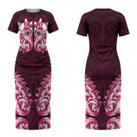 New Zealand Ta Moko Family Matching Short Sleeve Bodycon Dress and Hawaiian Shirt Aotearoa Maori Chest Tattoo Pink