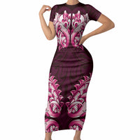 New Zealand Ta Moko Short Sleeve Bodycon Dress Aotearoa Maori Chest Tattoo Pink LT14 Long Dress Pink - Polynesian Pride