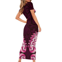 New Zealand Ta Moko Short Sleeve Bodycon Dress Aotearoa Maori Chest Tattoo Pink
