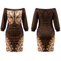 New Zealand Ta Moko Family Matching Off The Shoulder Long Sleeve Dress and Hawaiian Shirt Aotearoa Maori Chest Tattoo Orange