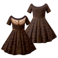 New Zealand Ta Moko Family Matching Off Shoulder Short Dress and Hawaiian Shirt Aotearoa Maori Chest Tattoo Orange LT14 Daughter's Dress Orange - Polynesian Pride