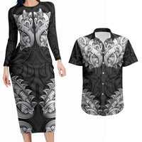 New Zealand Ta Moko Couples Matching Long Sleeve Bodycon Dress and Hawaiian Shirt Aotearoa Maori Chest Tattoo Black