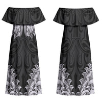 New Zealand Ta Moko Couples Matching Off Shoulder Maxi Dress and Long Sleeve Button Shirt Aotearoa Maori Chest Tattoo Black