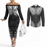 New Zealand Ta Moko Couples Matching Off The Shoulder Long Sleeve Dress and Long Sleeve Button Shirt Aotearoa Maori Chest Tattoo Black