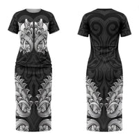New Zealand Ta Moko Couples Matching Short Sleeve Bodycon Dress and Hawaiian Shirt Aotearoa Maori Chest Tattoo Black LT14 - Polynesian Pride