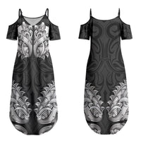 New Zealand Ta Moko Couples Matching Summer Maxi Dress and Long Sleeve Button Shirt Aotearoa Maori Chest Tattoo Black