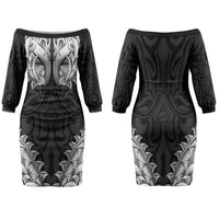 New Zealand Ta Moko Family Matching Off The Shoulder Long Sleeve Dress and Hawaiian Shirt Aotearoa Maori Chest Tattoo Black LT14 Mom's Dress Black - Polynesian Pride
