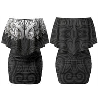 New Zealand Ta Moko Family Matching Off Shoulder Short Dress and Hawaiian Shirt Aotearoa Maori Chest Tattoo Black LT14 Mom's Dress Black - Polynesian Pride