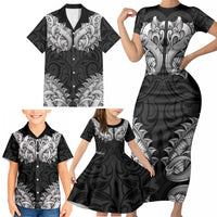 New Zealand Ta Moko Family Matching Short Sleeve Bodycon Dress and Hawaiian Shirt Aotearoa Maori Chest Tattoo Black