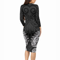 New Zealand Ta Moko Long Sleeve Bodycon Dress Aotearoa Maori Chest Tattoo Black LT14 - Polynesian Pride