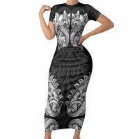 New Zealand Ta Moko Short Sleeve Bodycon Dress Aotearoa Maori Chest Tattoo Black LT14 Long Dress Black - Polynesian Pride