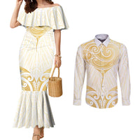 Gold White New Zealand Manta Ray Couples Matching Mermaid Dress and Long Sleeve Button Shirt Aotearoa Maori Haehae - Polynesian Pride