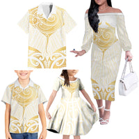 Gold White New Zealand Manta Ray Family Matching Off The Shoulder Long Sleeve Dress and Hawaiian Shirt Aotearoa Maori Haehae - Polynesian Pride