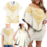 Gold White New Zealand Manta Ray Family Matching Off Shoulder Short Dress and Hawaiian Shirt Aotearoa Maori Haehae - Polynesian Pride