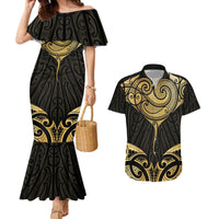 Gold Black New Zealand Manta Ray Couples Matching Mermaid Dress and Hawaiian Shirt Aotearoa Maori Haehae - Polynesian Pride
