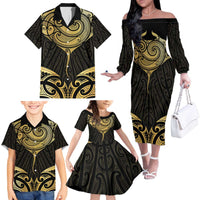 Gold Black New Zealand Manta Ray Family Matching Off The Shoulder Long Sleeve Dress and Hawaiian Shirt Aotearoa Maori Haehae - Polynesian Pride