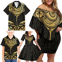 Gold Black New Zealand Manta Ray Family Matching Off Shoulder Short Dress and Hawaiian Shirt Aotearoa Maori Haehae - Polynesian Pride