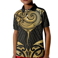 Gold Black New Zealand Manta Ray Kid Polo Shirt Aotearoa Maori Haehae - Polynesian Pride