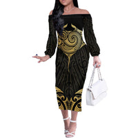 Gold Black New Zealand Manta Ray Off The Shoulder Long Sleeve Dress Aotearoa Maori Haehae - Polynesian Pride