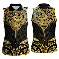 Gold Black New Zealand Manta Ray Women Sleeveless Polo Shirt Aotearoa Maori Haehae - Polynesian Pride