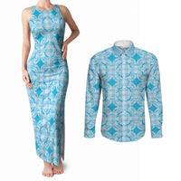 Polu Hawaii Iwa Bird Palaka Motifs Couples Matching Tank Maxi Dress and Long Sleeve Button Shirt LT14 Blue - Polynesian Pride