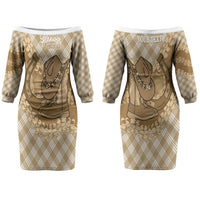 Makue Hawaii Cowboy Palaka Motifs Personalised Couples Matching Off The Shoulder Long Sleeve Dress and Hawaiian Shirt Paniolo Festival Puakenikeni Lei LT14 - Polynesian Pride