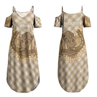 Makue Hawaii Cowboy Palaka Motifs Personalised Family Matching Summer Maxi Dress and Hawaiian Shirt Paniolo Festival Puakenikeni Lei LT14 Mom's Dress Brown - Polynesian Pride