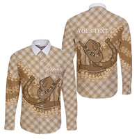 Makue Hawaii Cowboy Palaka Motifs Personalised Family Matching Summer Maxi Dress and Hawaiian Shirt Paniolo Festival Puakenikeni Lei LT14 Dad's Shirt - Long Sleeve Brown - Polynesian Pride