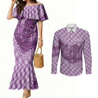 Poni Hawaii Cowboy Palaka Motifs Personalised Couples Matching Mermaid Dress and Long Sleeve Button Shirt Paniolo Festival Puakenikeni Lei LT14 Purple - Polynesian Pride