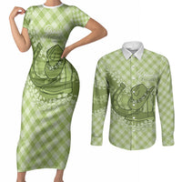 Omaomao Hawaii Cowboy Palaka Motifs Personalised Couples Matching Short Sleeve Bodycon Dress and Long Sleeve Button Shirt Paniolo Festival Puakenikeni Lei LT14 Green - Polynesian Pride