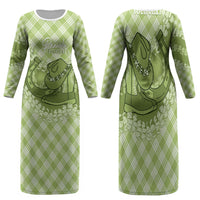 Omaomao Hawaii Cowboy Palaka Motifs Personalised Family Matching Long Sleeve Bodycon Dress and Hawaiian Shirt Paniolo Festival Puakenikeni Lei LT14 Mom's Dress Green - Polynesian Pride