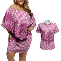 Alaka Hawaii Cowboy Palaka Motifs Personalised Couples Matching Off Shoulder Short Dress and Hawaiian Shirt Paniolo Festival Puakenikeni Lei LT14 Pink - Polynesian Pride